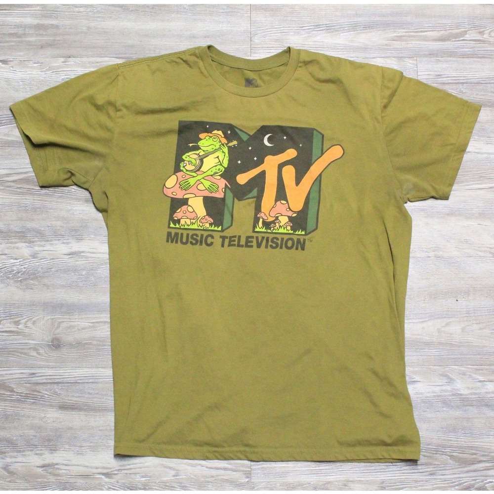 MTV Women's Banjo Frog Mushroom Graphic Tee Sz Large Olive Green